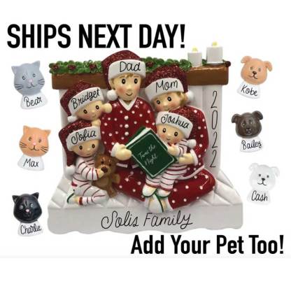 Family of 3 4 5 Ornament with Pet Dog Personalized People Pajama Family, 2023 PJ Family Reading Story Kid Child