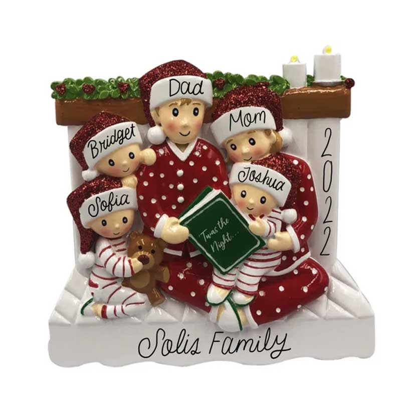 Family of 3 4 5 Ornament with Pet Dog Personalized People Pajama Family, 2023 PJ Family Reading Story Kid Child