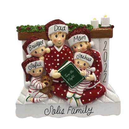 Family of 3 4 5 Ornament with Pet Dog Personalized People Pajama Family, 2023 PJ Family Reading Story Kid Child