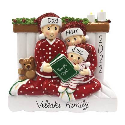 Family of 3 4 5 Ornament with Pet Dog Personalized People Pajama Family, 2023 PJ Family Reading Story Kid Child