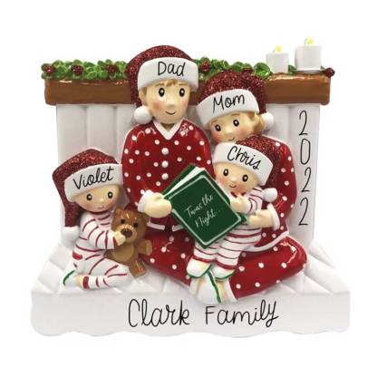 Family of 3 4 5 Ornament with Pet Dog Personalized People Pajama Family, 2023 PJ Family Reading Story Kid Child