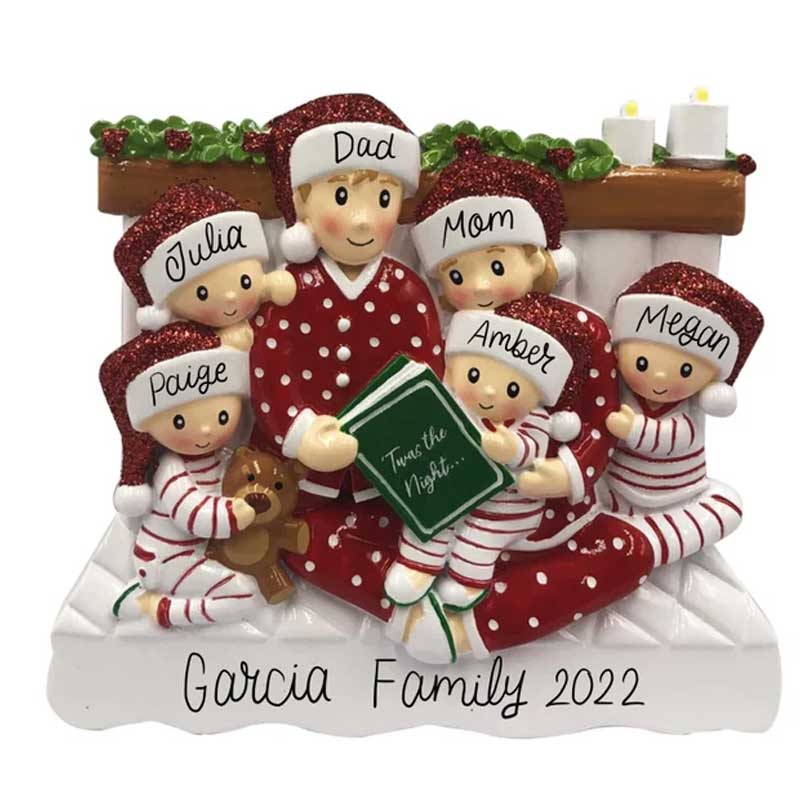 Family of 3 4 5 Ornament with Pet Dog Personalized People Pajama Family, 2023 PJ Family Reading Story Kid Child
