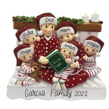 Family of 3 4 5 Ornament with Pet Dog Personalized People Pajama Family, 2023 PJ Family Reading Story Kid Child