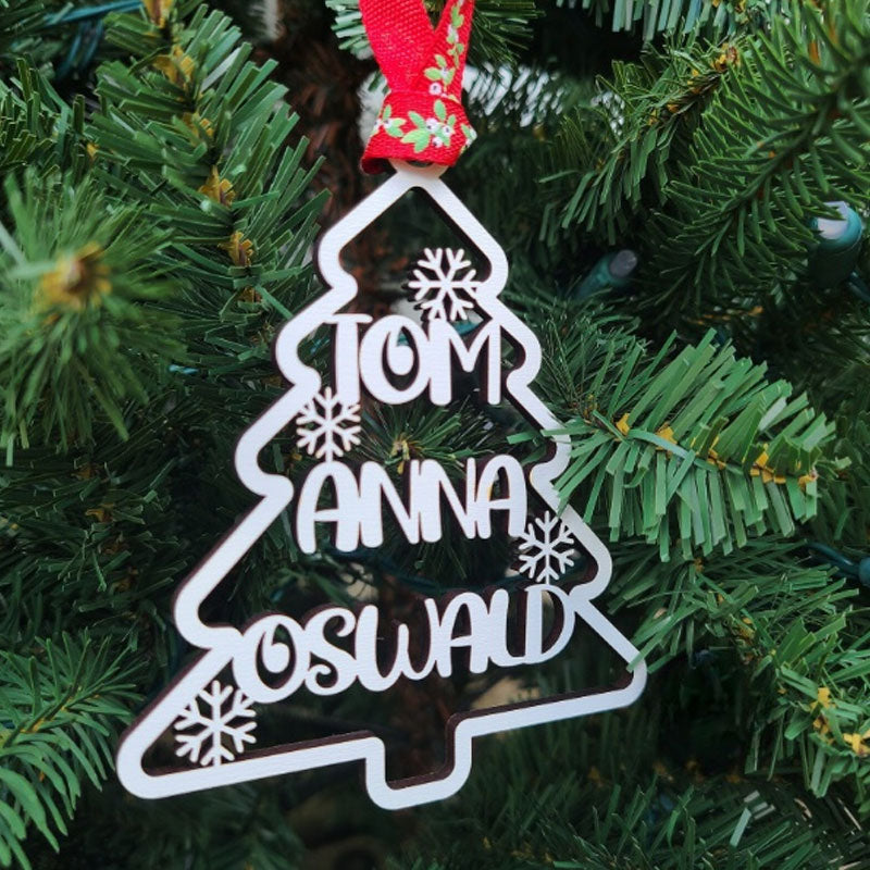Personalized Christmas Tree Family Names Ornament Silver Ornaments