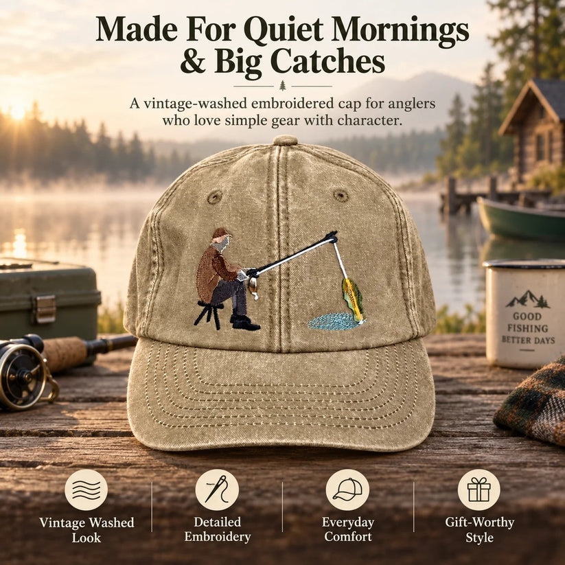 🎣🧢 Catch of the Day Interactive Fishing Cap –🎁 Vintage Washed Moving Fish Hat-(free shipping)