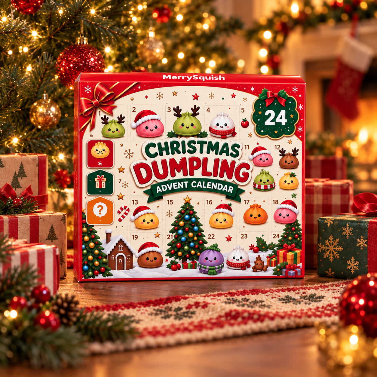 MerrySquish Dumpling Advent Calendar displayed as a Christmas gift beneath a decorated tree