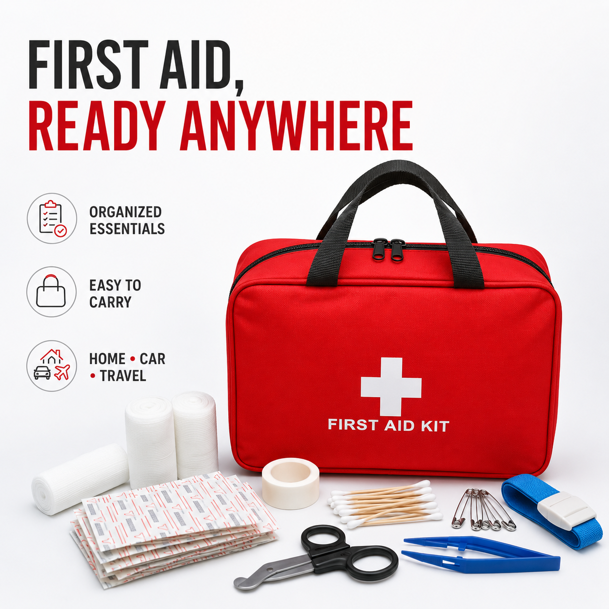 Compact red first aid kit for home car travel and outdoor use