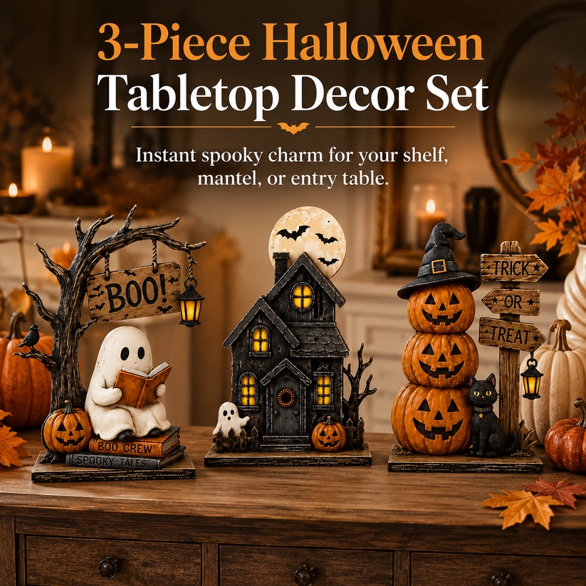 🎁3-Piece Halloween Decor Set – Ghost, Haunted House & Pumpkins🎃