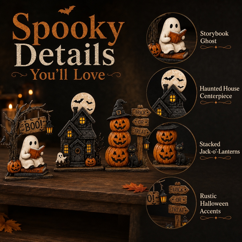 🎁3-Piece Halloween Decor Set – Ghost, Haunted House & Pumpkins🎃