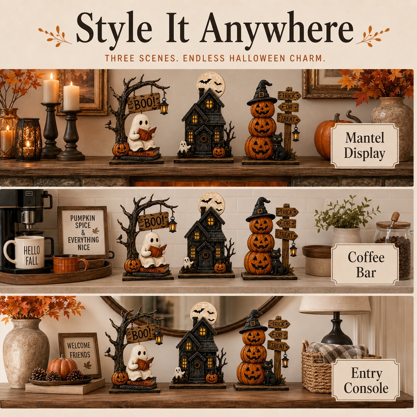 🎁3-Piece Halloween Decor Set – Ghost, Haunted House & Pumpkins🎃