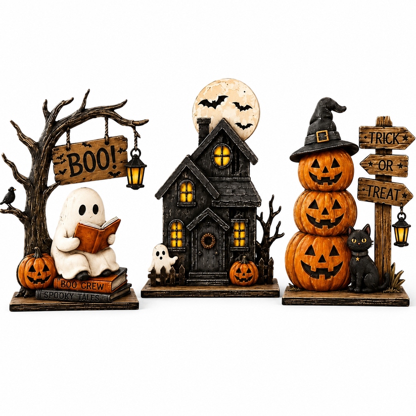 🎁3-Piece Halloween Decor Set – Ghost, Haunted House & Pumpkins🎃