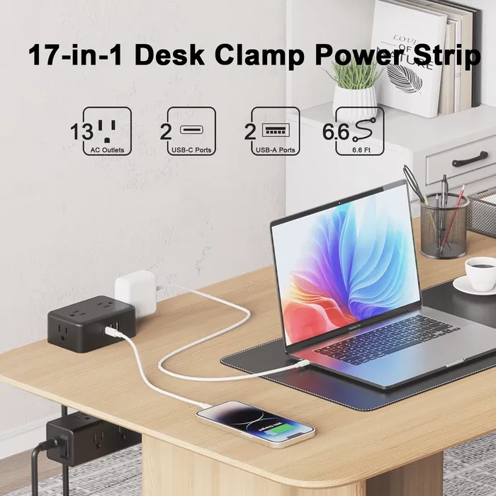 Clamp-On Power Strip ⚡ – 10 Ports, 20W Fast Charge, Zero Desk Clutter