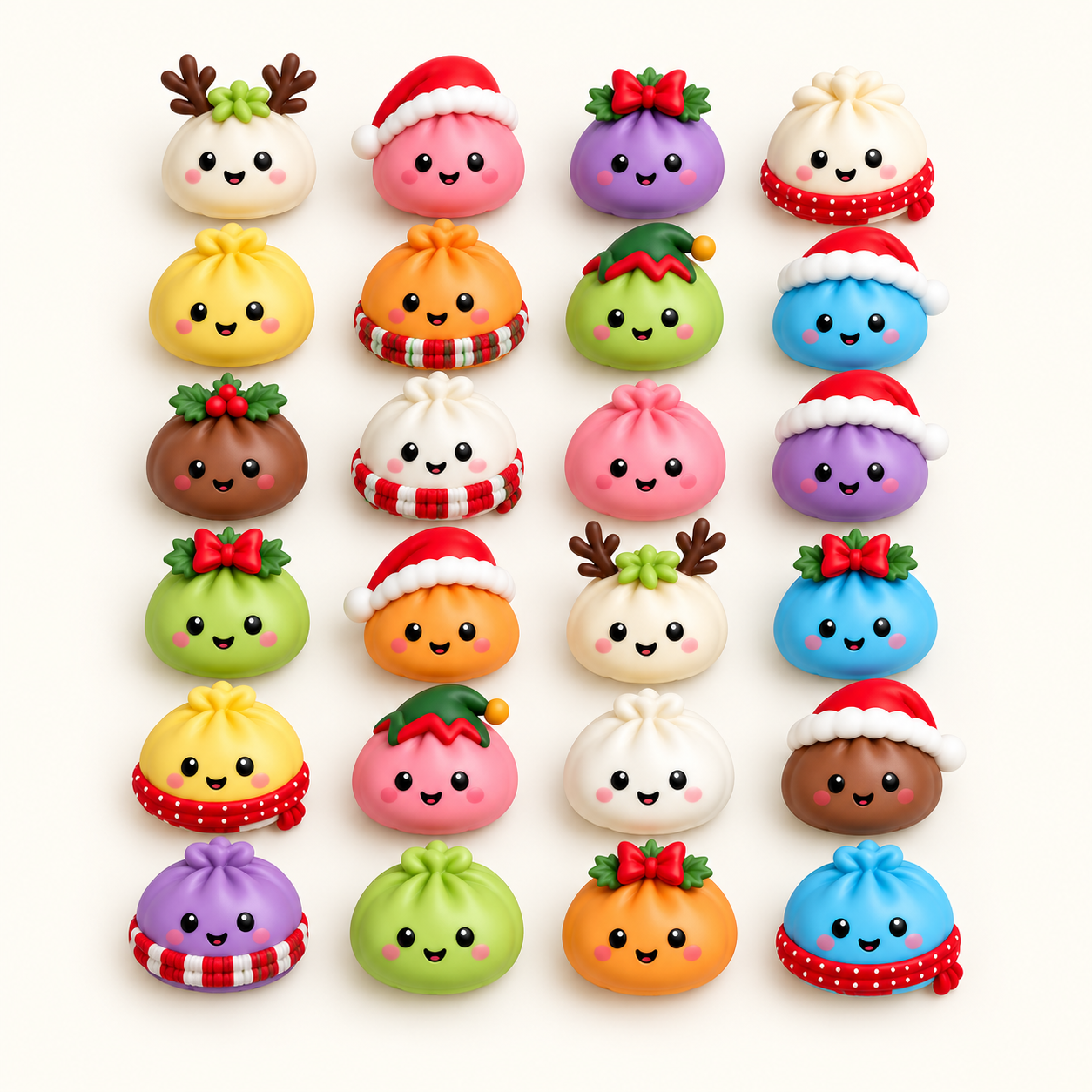 MerrySquish dumpling squishies laid out together as a colorful Christmas collection