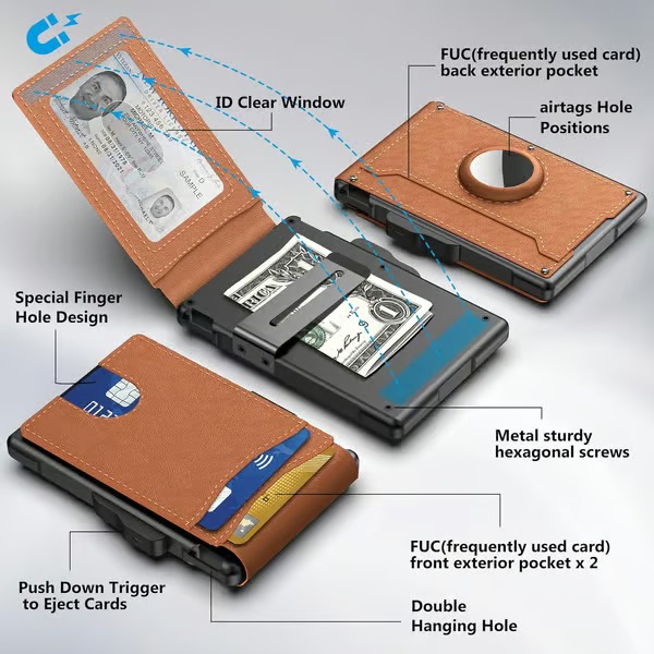 🔥Wallet for Men - with Pop Up Aluminum Case Money Clip Slim Leather Slots Credit Card Holder Bifold Minimalist Wallet
