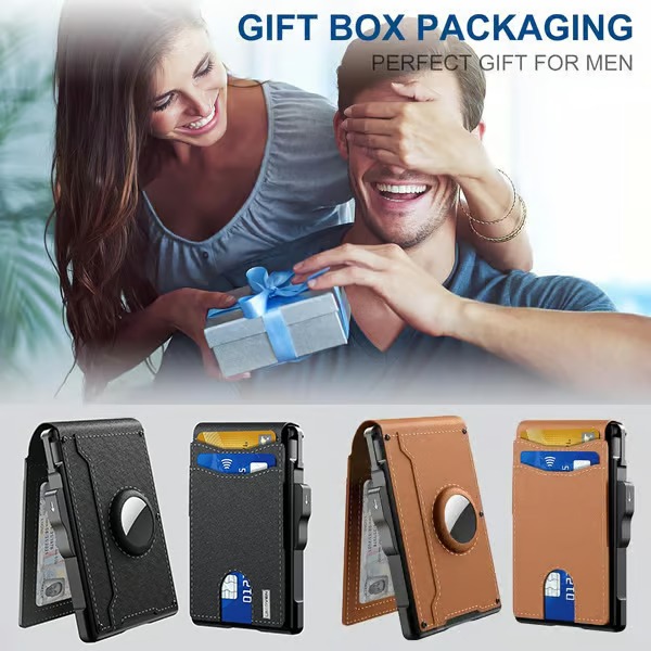 🔥Wallet for Men - with Pop Up Aluminum Case Money Clip Slim Leather Slots Credit Card Holder Bifold Minimalist Wallet