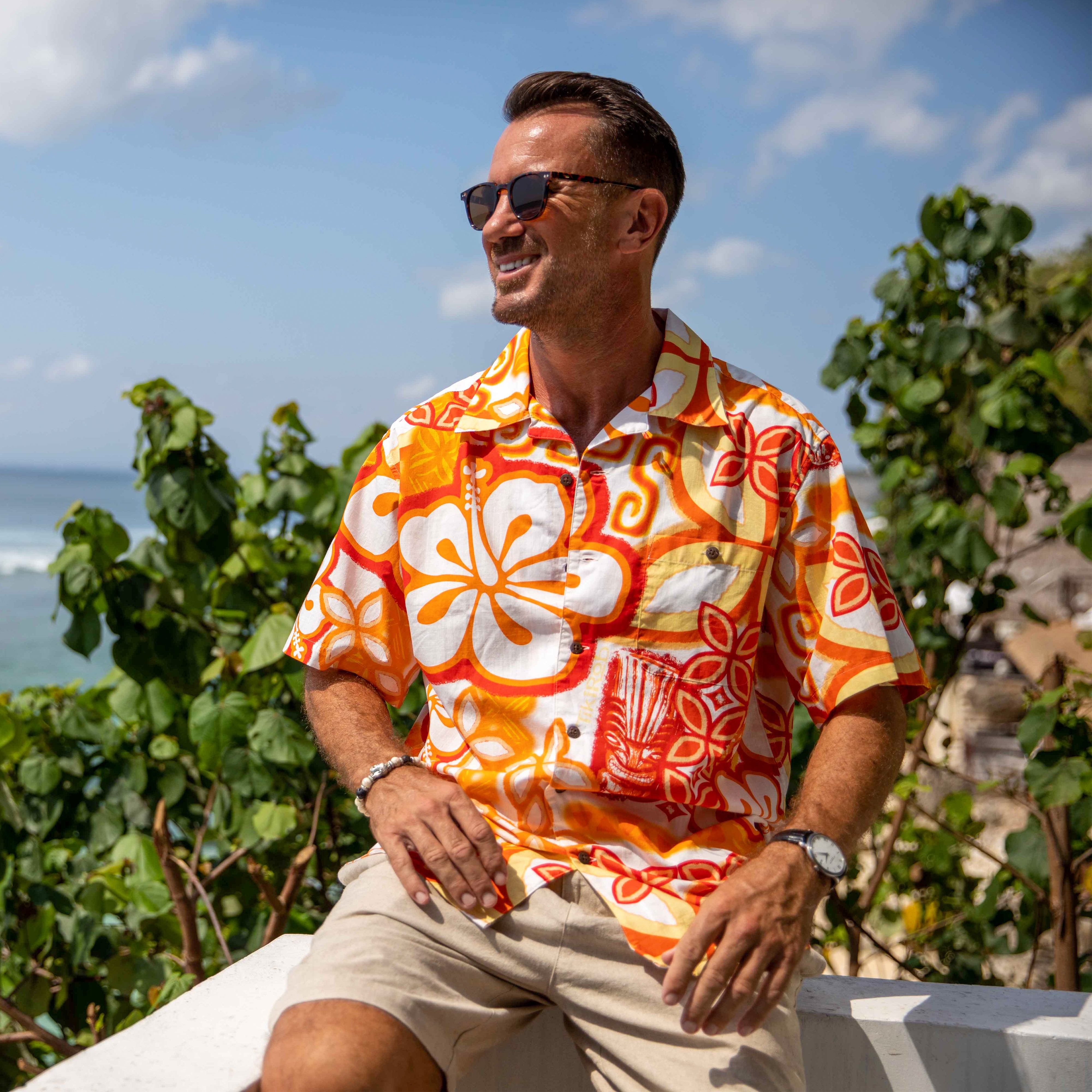 Men's Orange Floral Hawaiian Holiday Short Sleeve Shirt