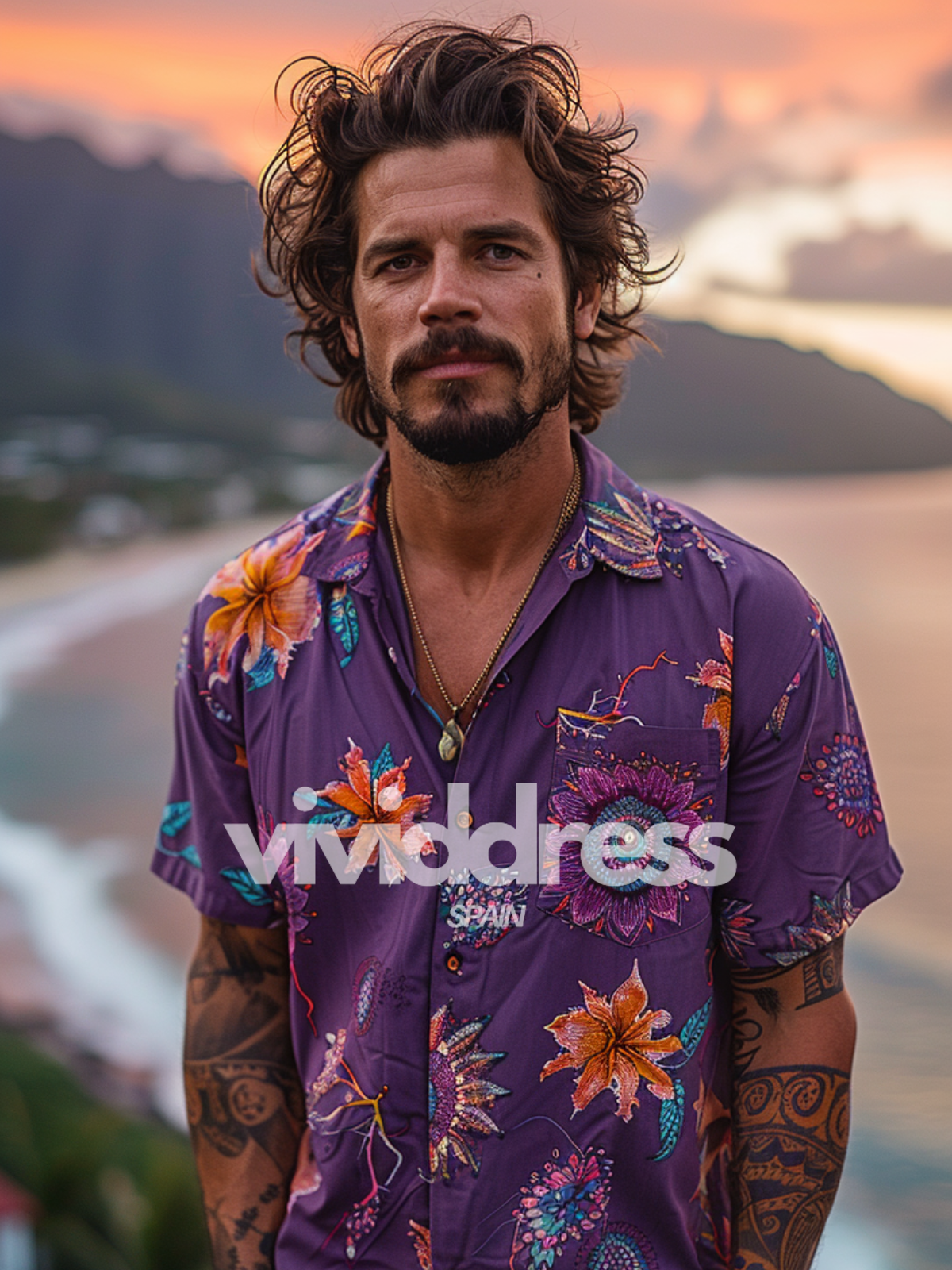 Men's Floral Print Purple Beach Summer Holiday Short Sleeve Shirt