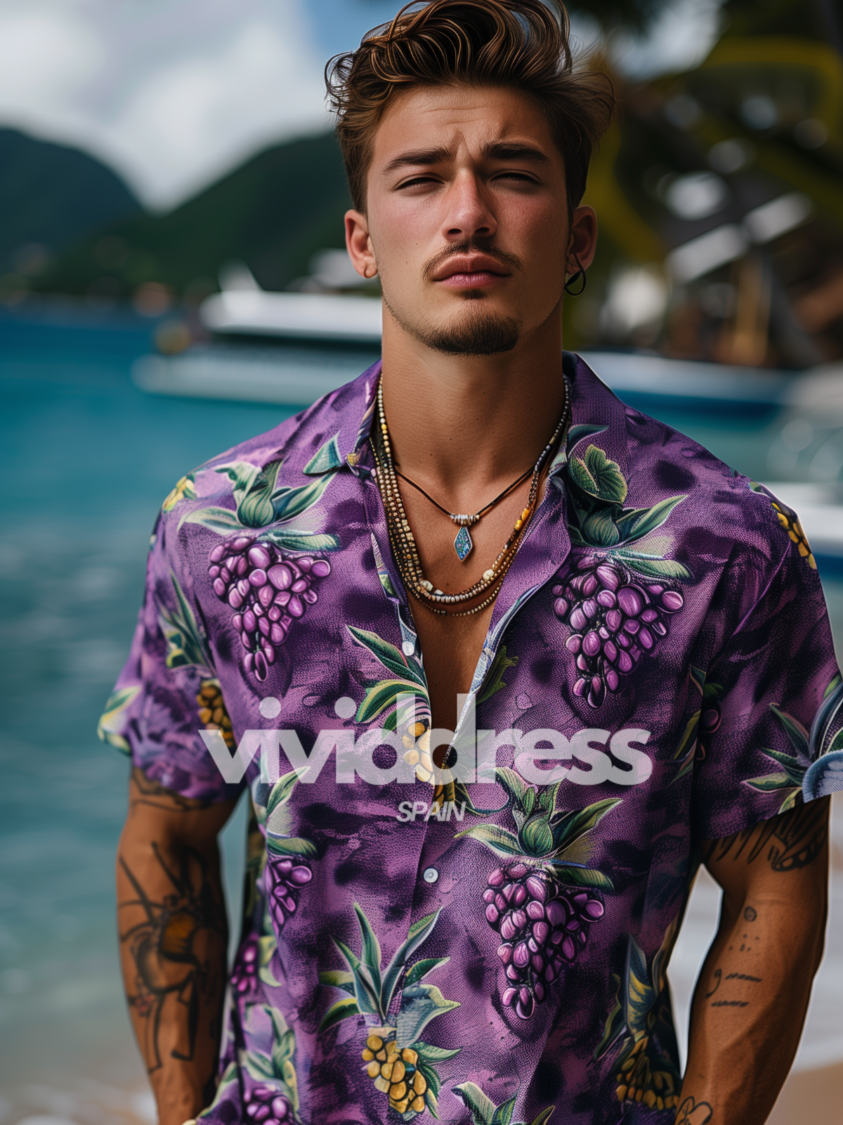 Men's Casual Grape Print Beach Summer Holiday Short Sleeve Shirt