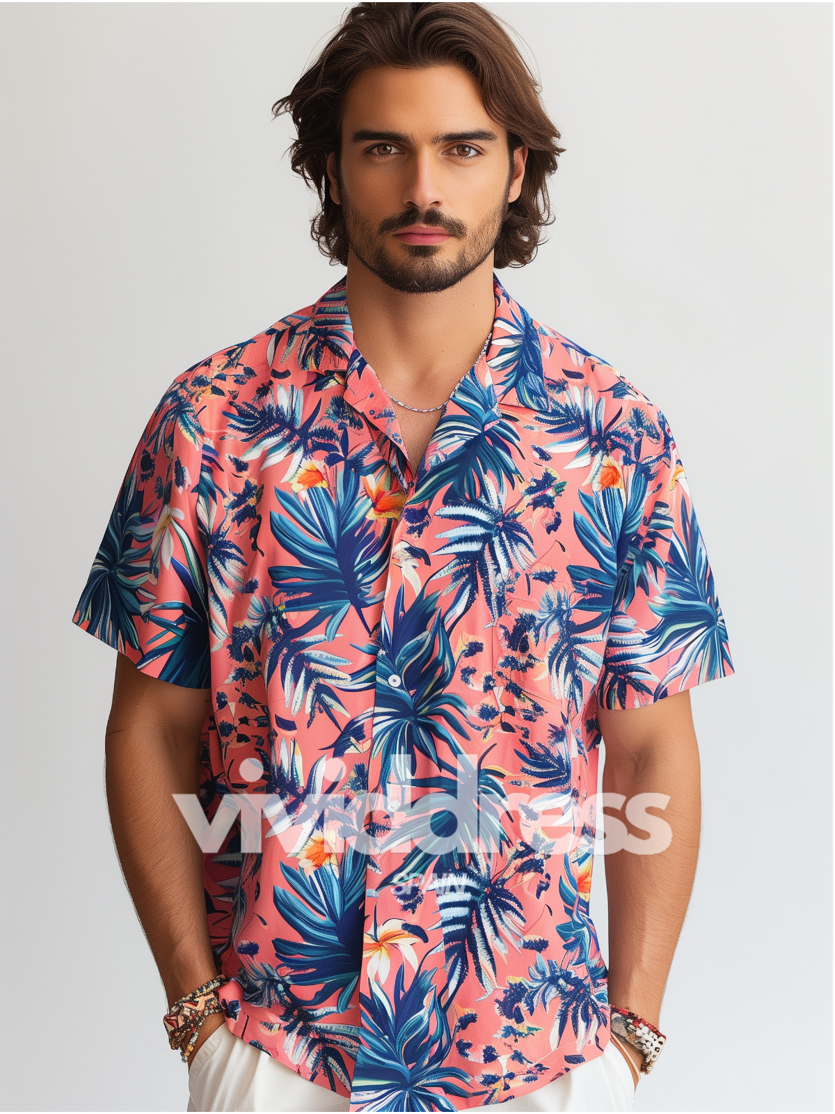 Men's Floral Print Pink Beach Hawaiian Holiday Short Sleeve Shirt