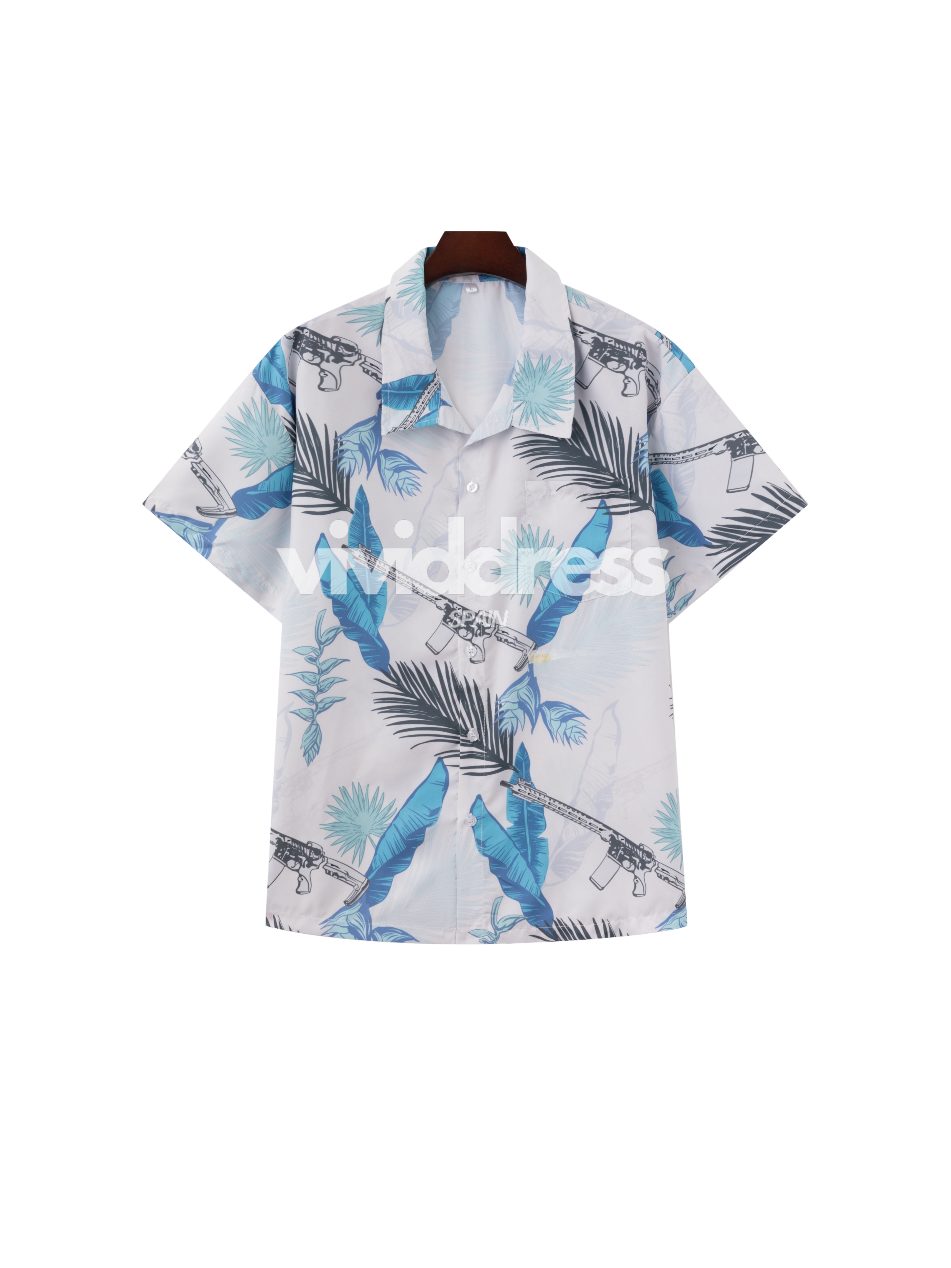 Men's Casual Gun & Feather Print Beach Hawaiian Holiday Short Sleeve Shirt