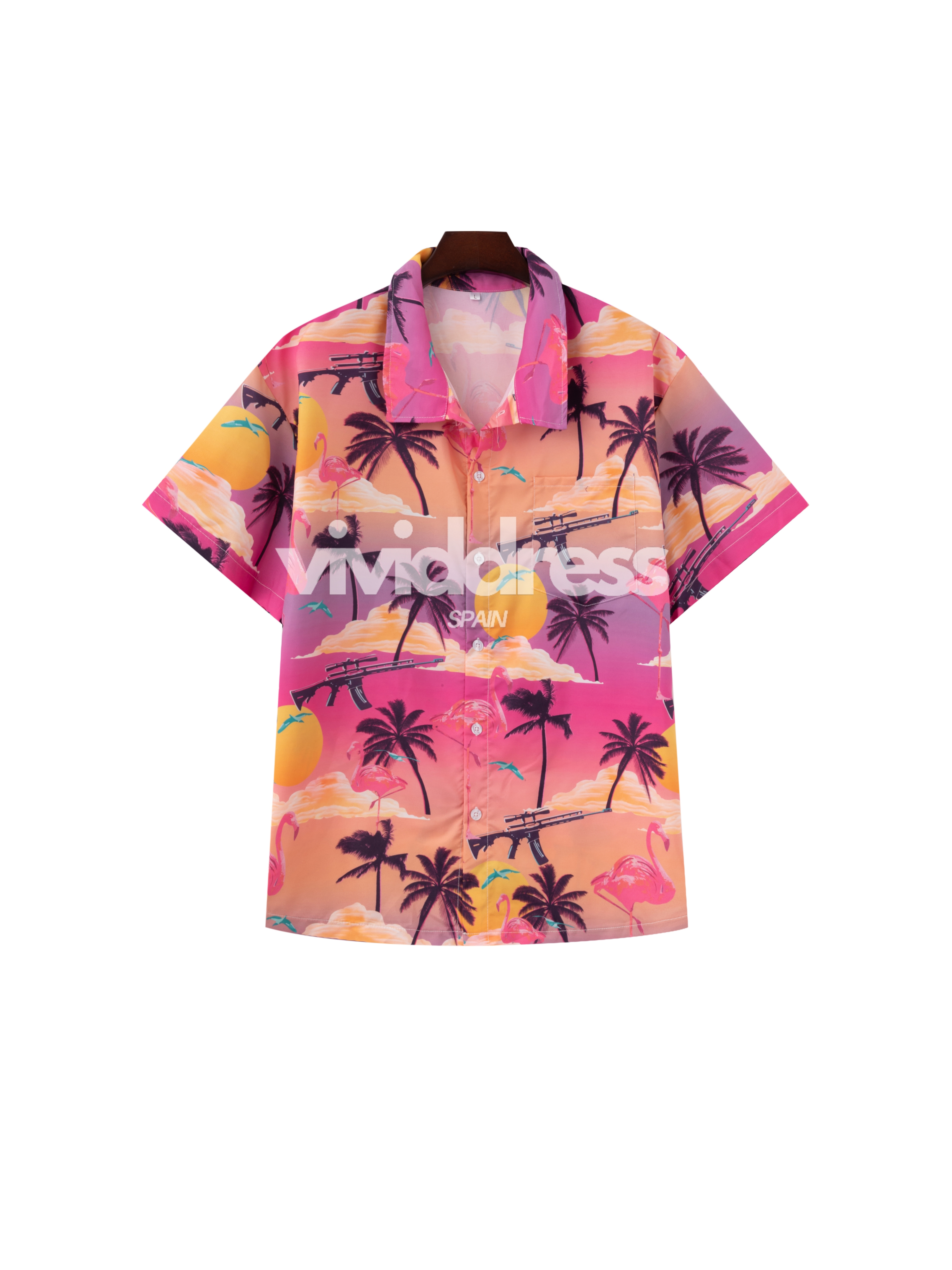 Men's Gun & Flamingo Print Beach Hawaiian Holiday Short Sleeve Shirt
