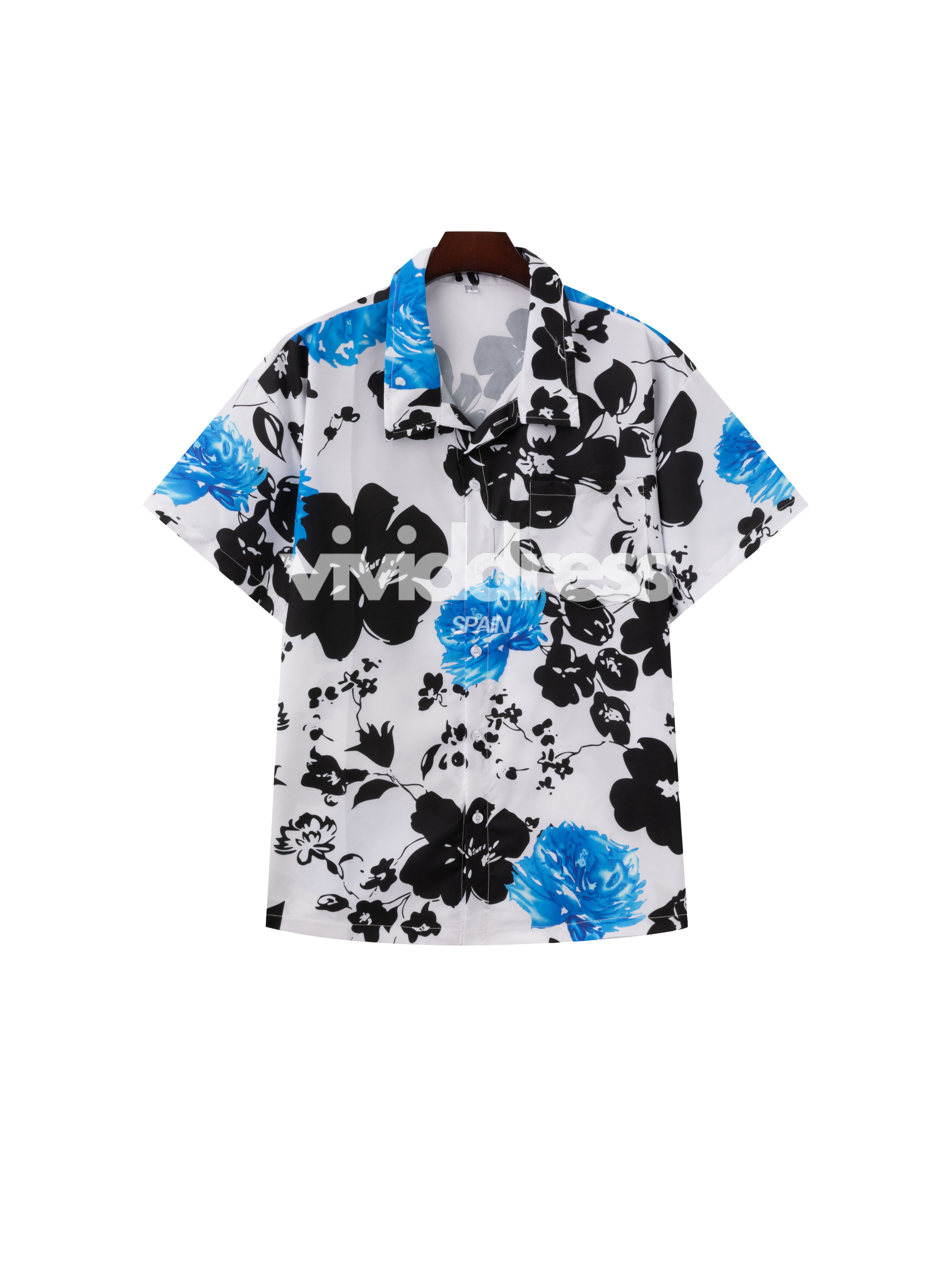 Men's Casual Blue Flower Print Beach Summer Holiday Short Sleeve Shirt