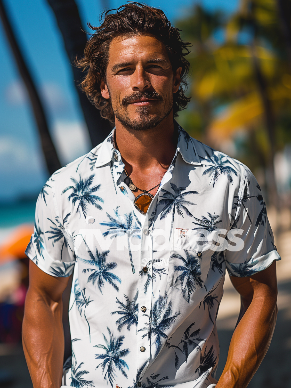 Men's Casual Palm Tree Print Beach Summer Holiday Short Sleeve Shirt