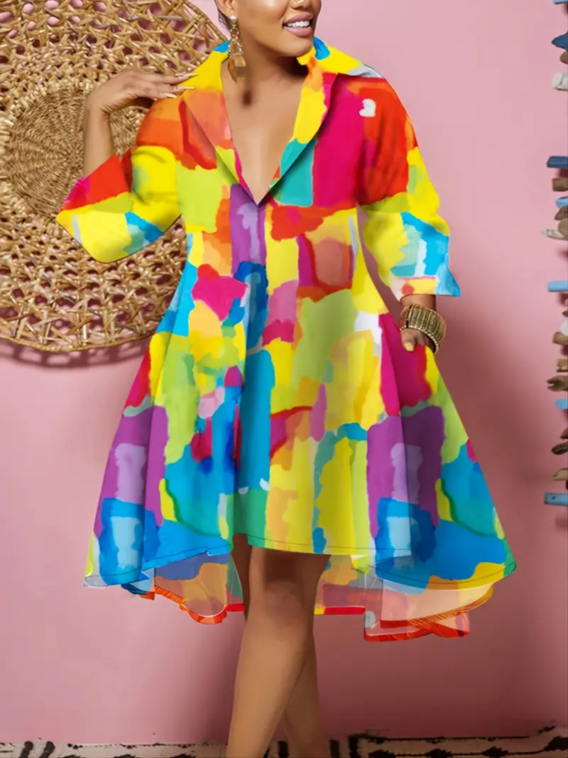 Plus Rozmiar Malowana kolorowa sukienka midi z dekoltem w kształcie litery V