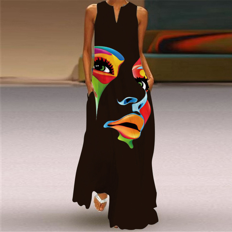 Luźna, swobodna sukienka plażowa w stylu retro, bez rękawów, z dekoltem w kształcie litery V（Darmowa dostawa）