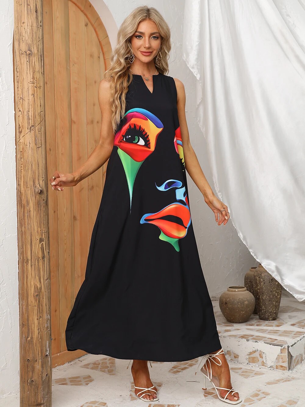Luźna, swobodna sukienka plażowa w stylu retro, bez rękawów, z dekoltem w kształcie litery V（Darmowa dostawa）