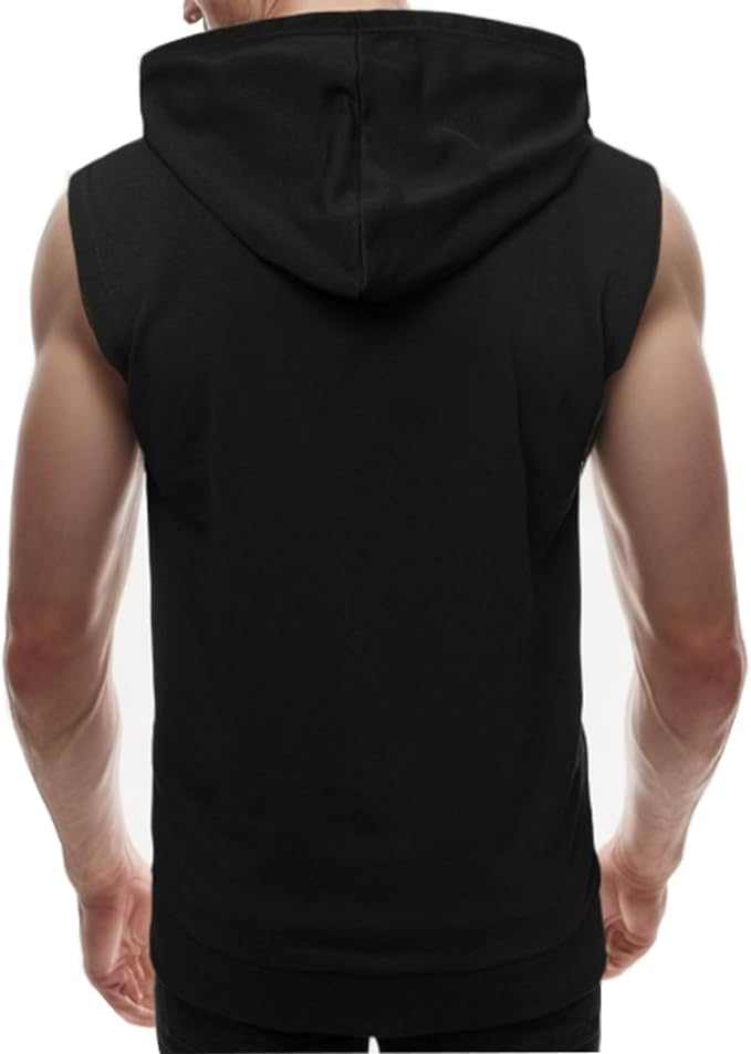 Mens Zipper Pockets Hoodie Casual Sleeveless Sport Work Out Running Hooded Sweatshirt