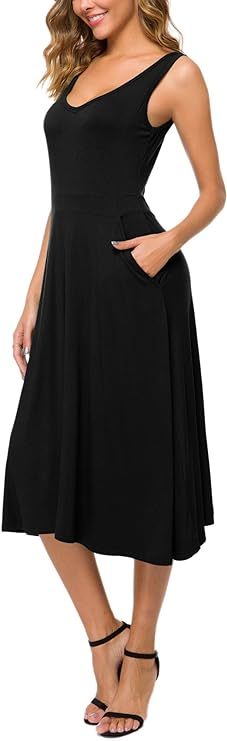 Women's Summer Casual Sleeveless Flared Midi Dress Swing T-Shirt Dresses with Pockets