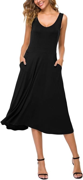 Women's Summer Casual Sleeveless Flared Midi Dress Swing T-Shirt Dresses with Pockets