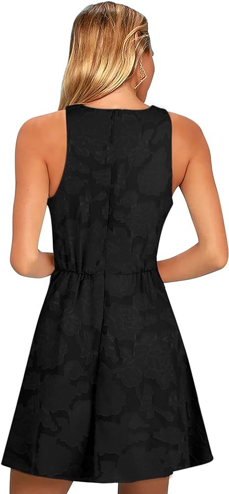 Women 2024 Sweet and Cute Sleeveless Racerback Flared Swing A-Line Waist Hollow Out Summer Short Dress