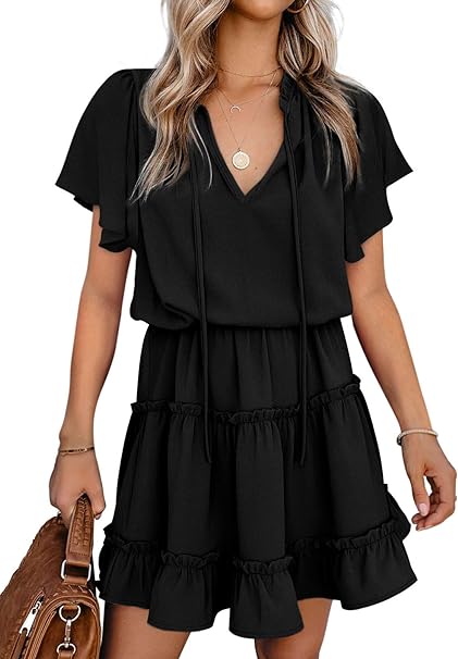 Womens  Summer Fall Elegant Off The Shoulder V Neck Long Sleeve Ruffle Flowy Mini Short Skater Dresses