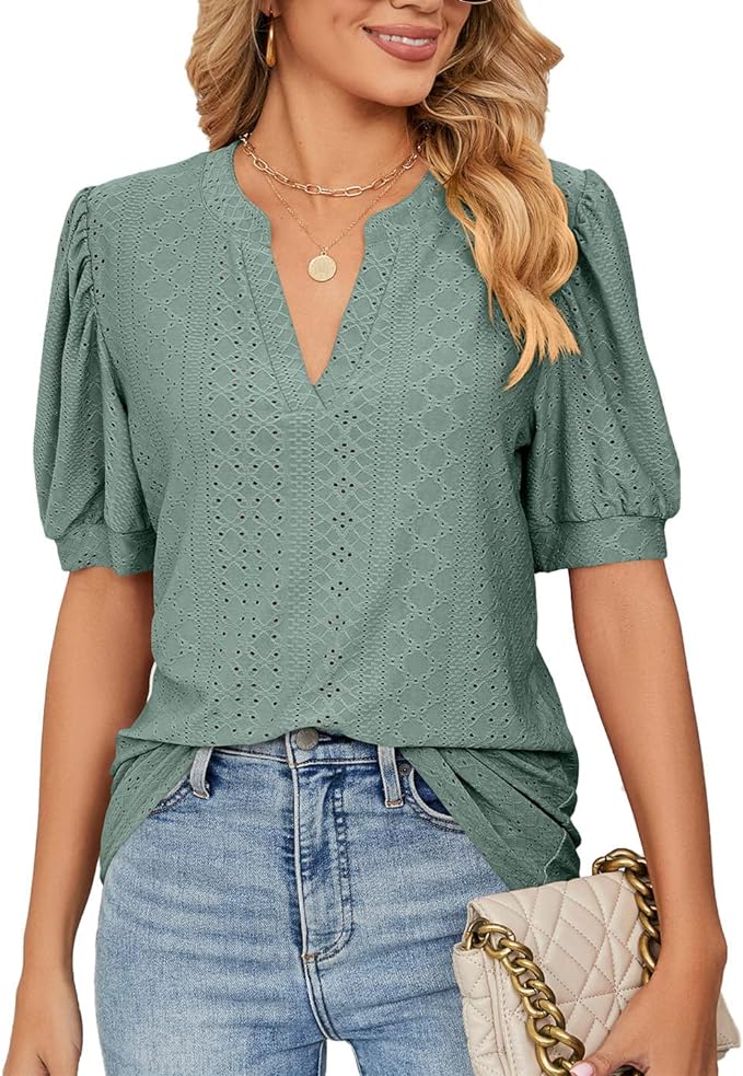 Womens Summer Tops, V Neck Ruffle Sleeve Blouses, Short Sleeve Casual Tops T-Shirts