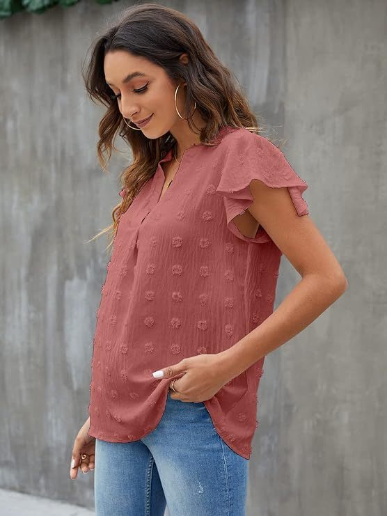 Womens White Blouse V Neck Ruffle Sleeve Flowy Shirts Dressy Casual Cute Summer Tops