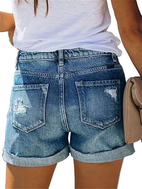 Denim Shorts for Women Mid Rise Ripped Jean Shorts Stretchy Folded Hem Hot Short Jeans