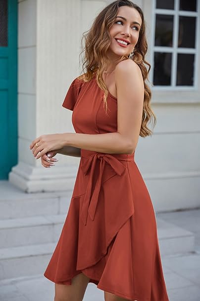 Women's Summer Wedding Guest Dress Elegant One Shoulder Cocktail Dress Ruffle Short Sleeve A Line Party Dress