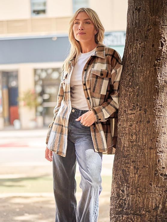Womens Flannel Plaid Shackets Jackets 2023 Long Sleeve Shirts Tops Fashion Corduroy Winter Clothes With Pockets