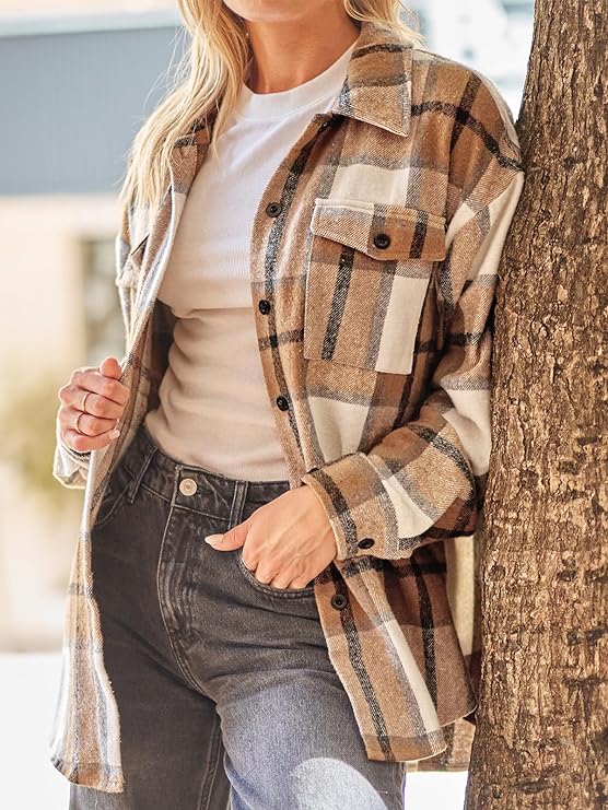 Womens Flannel Plaid Shackets Jackets 2023 Long Sleeve Shirts Tops Fashion Corduroy Winter Clothes With Pockets