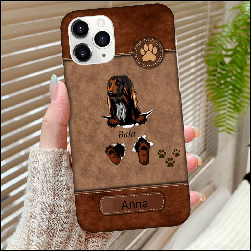 Personalisierte Handyhülle für Welpe Haustier Hund Mama Hundepfotenabdruck rissig und Lederstruktur