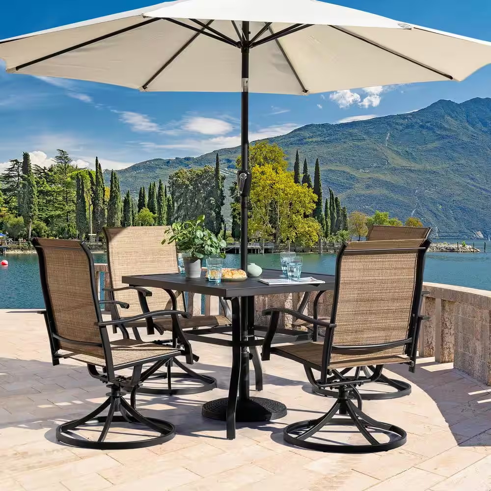 5-Piece Steel Sling Outdoor Patio Dining Set with Square Table and Swivel Dining Chairs in Brown