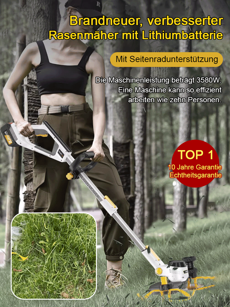 【Höhenverstellbarer Rasenmäher】Mehrzweck-Handrasenmäher mit Akku und Panzerstützrädern