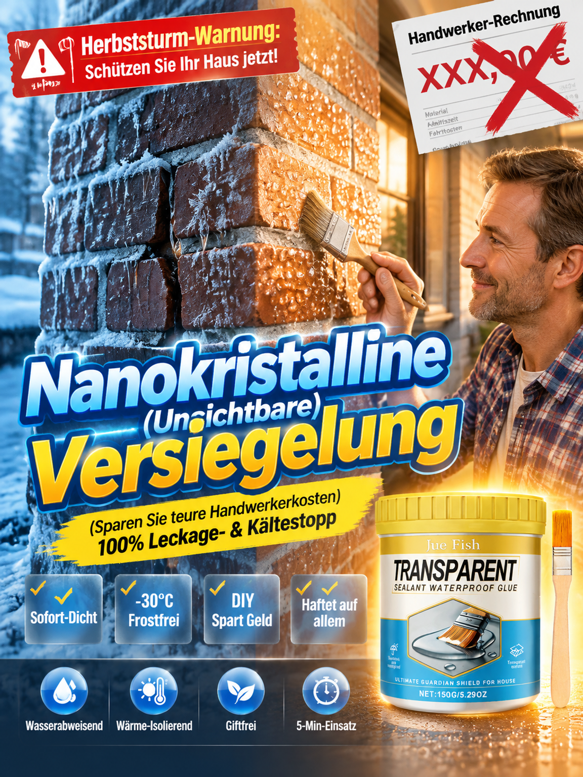 Transparente wasserdichte Versiegelung 🛡️ 30 Jahre Garantie auf Auslaufschutz 🖌️ Einfaches DIY-Auftragen mit dem Pinsel ❄️ Extrem temperaturbeständig 🌱 Ungiftig und sicher