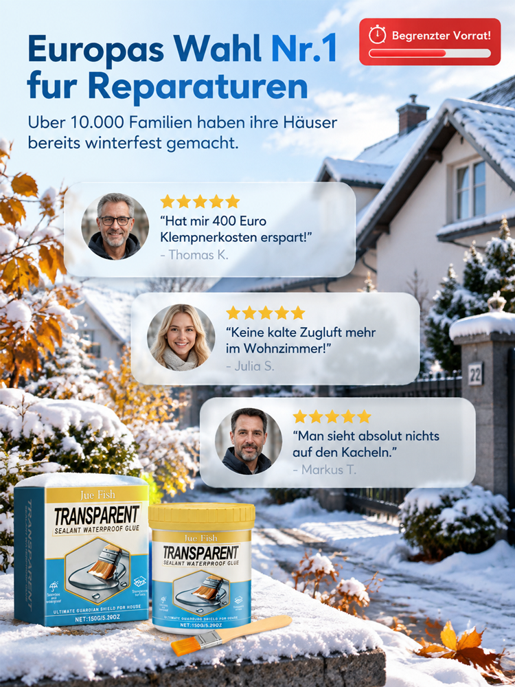 Transparente wasserdichte Versiegelung 🛡️ 30 Jahre Garantie auf Auslaufschutz 🖌️ Einfaches DIY-Auftragen mit dem Pinsel ❄️ Extrem temperaturbeständig 🌱 Ungiftig und sicher
