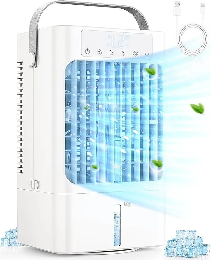 Klimaanlage Mobil, 4-in-1 Mobiles Klimager?t, 900ml Wassertank Luftkühler mit Wasserkühlung, 3 Windgeschwindigkeiten & 2 Feuchtigkeits Modi, 90°Oszillation, Timer, 7 Farben Licht für Zuhause