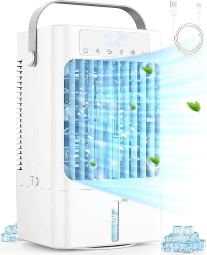 Klimaanlage Mobil, 4-in-1 Mobiles Klimager?t, 900ml Wassertank Luftkühler mit Wasserkühlung, 3 Windgeschwindigkeiten & 2 Feuchtigkeits Modi, 90°Oszillation, Timer, 7 Farben Licht für Zuhause