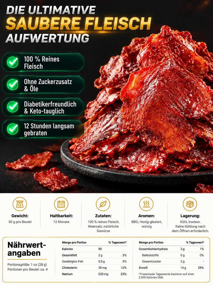 Aus 5 Pfund Rinderfilet wird 1 Pfund Knuspergenuss: EU-kontrollierte Bio-Angus-Beef-Chips in reinster Manufaktur-Qualität