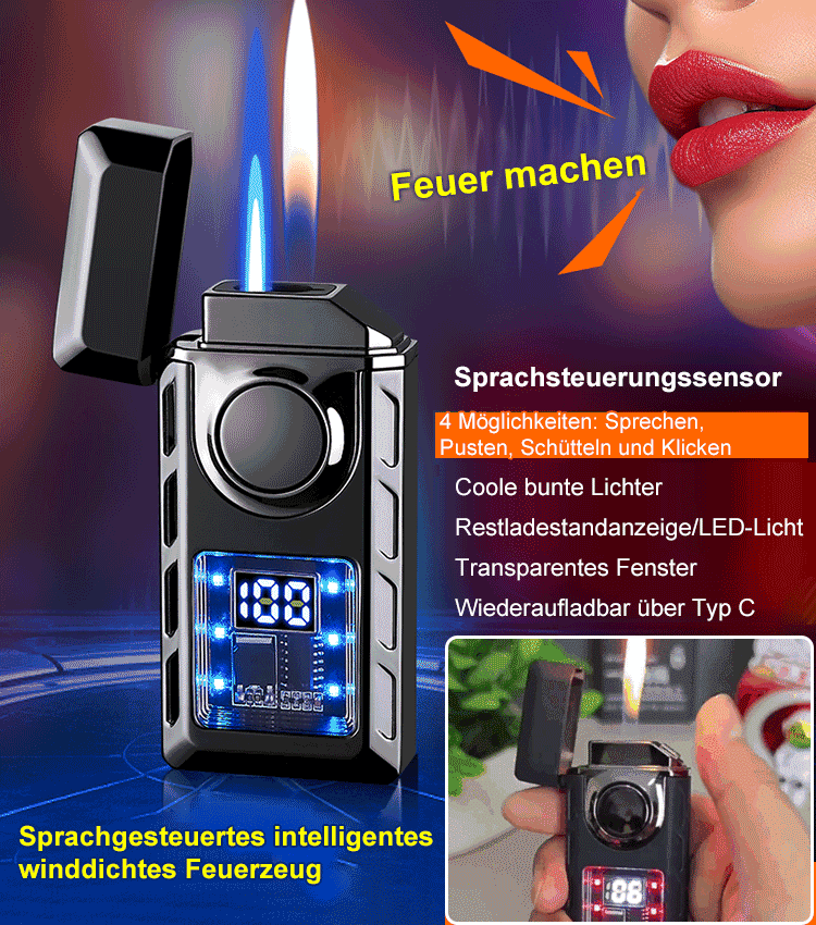 🔥 Sprachgesteuertes Smart-Feuerzeug 🎙️🌪️ – Winddicht & Gasfrei ♻️